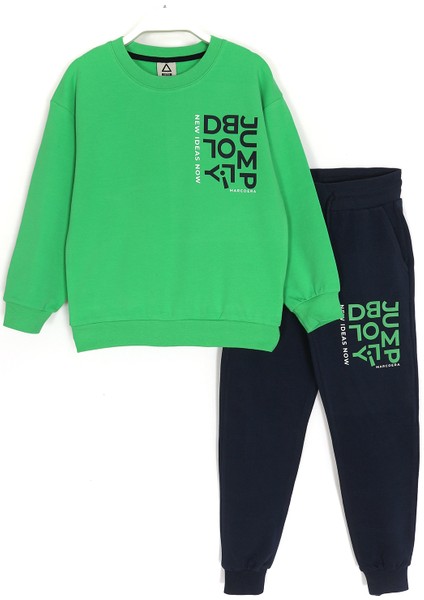 Ön ve Arkası Baskılı Fırçalı Kumaş Uzun Kollu Erkek Çocuk Eşofman Takımı Yeşil Lacivert 001-0001944
