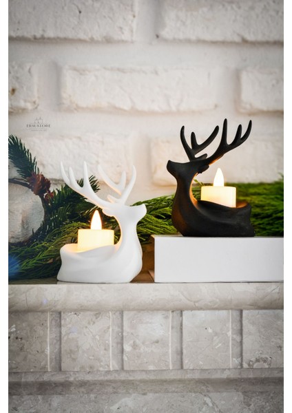 2 Adet Dekoratif Yılbaşı Süs Beyaz Siyah Tea Light Geyik Seti