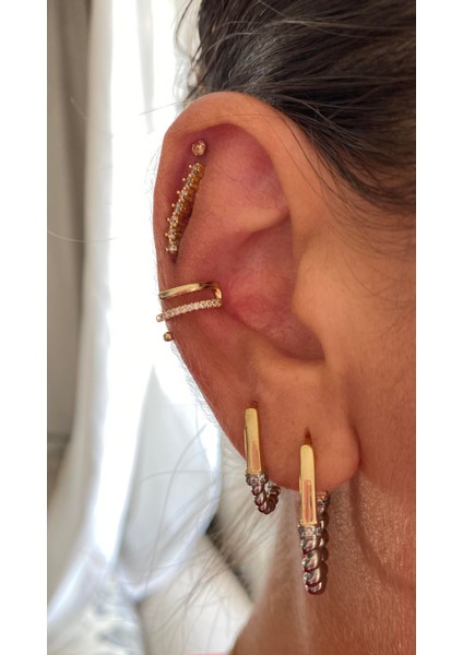 Taş Detaylı Çelik Rose Earcuff