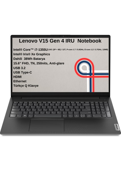 V15 Gen4 Iru Intel Core I7 1355U 16GB 1tb SSD 15.6" Fhd Windows 11 Pro Taşınabilir Bilgisayar 83A100KXTR W6