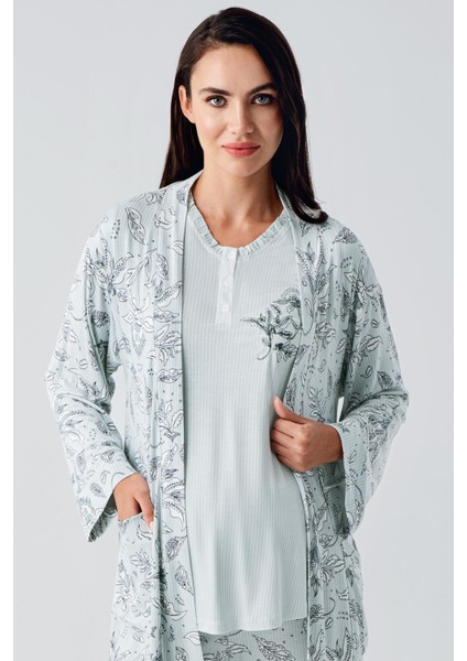 Uzun Kollu Düğmeli Desenli Esnek Viskoz Hamile Sabahlık Pijama Takım 23100 modelleri