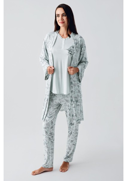 Uzun Kollu Düğmeli Desenli Esnek Viskoz Hamile Sabahlık Pijama Takım 23100 indirimleri