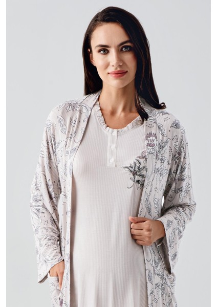 Uzun Kollu Düğmeli Desenli Esnek Viskoz Hamile Sabahlık Pijama Takım 23100 modelleri