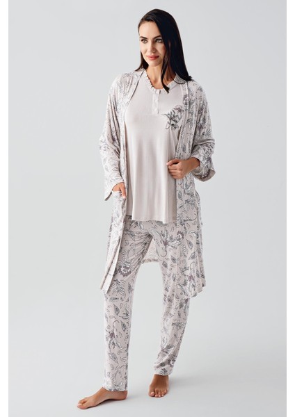 Uzun Kollu Düğmeli Desenli Esnek Viskoz Hamile Sabahlık Pijama Takım 23100 indirimleri