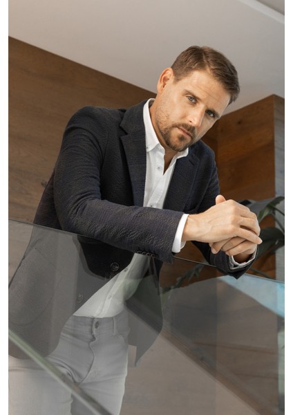 Erkek Lacivert Dokuma Slim Fit Mono Yaka Ekose Ceket