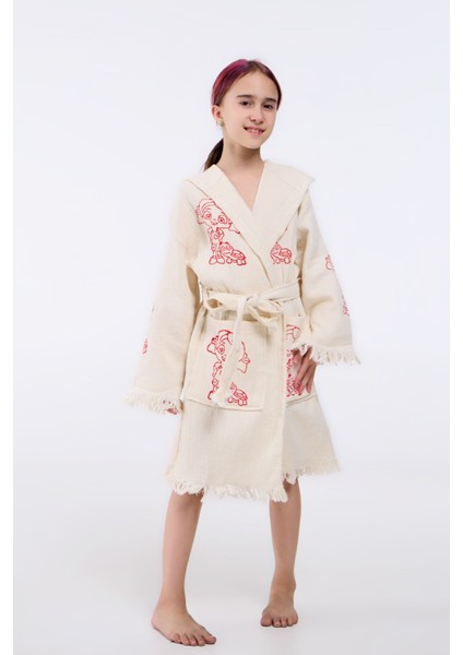 Naturel Ekru Niloya Desenli Kapişonlu Çocuk Kimono