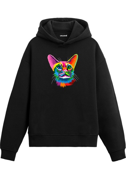 Kedi Mia Renkli Kedi Tasarımı Doğum Günü Hediyesi Pamuklu Hoodie Kapşonlu Sweatshirt