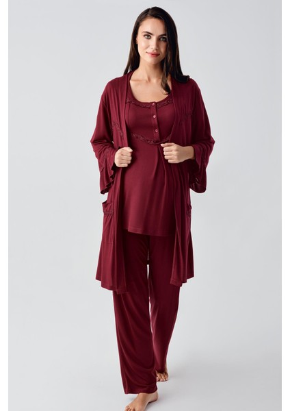 Kısa Kollu Esnek Viskoz Hamile Sabahlık Pijama Takım 23104
