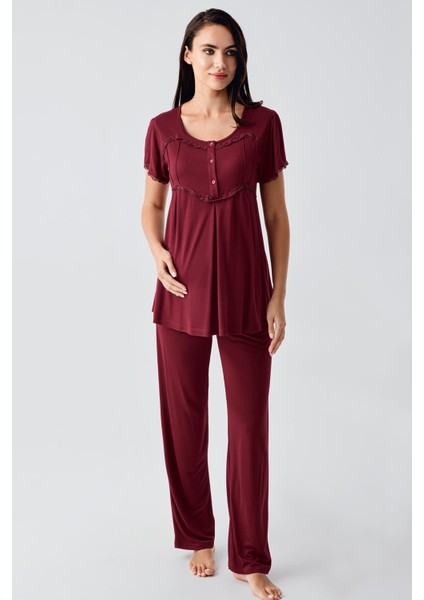 Kısa Kollu Esnek Viskoz Hamile Sabahlık Pijama Takım 23104