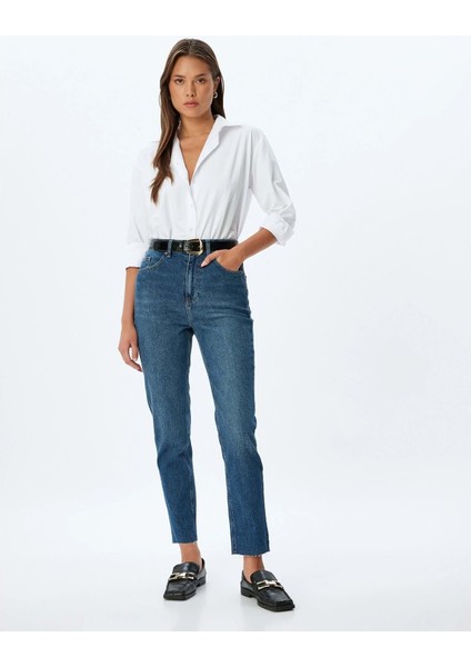 Kadın Giyim Mom Fit Kot Pantolon Yüksek Bel Dar Kalıp - Mom Fit Jeans 5WAL40201MD - Koton - 5WAL40201MD - Koyu Indigo - 31/32