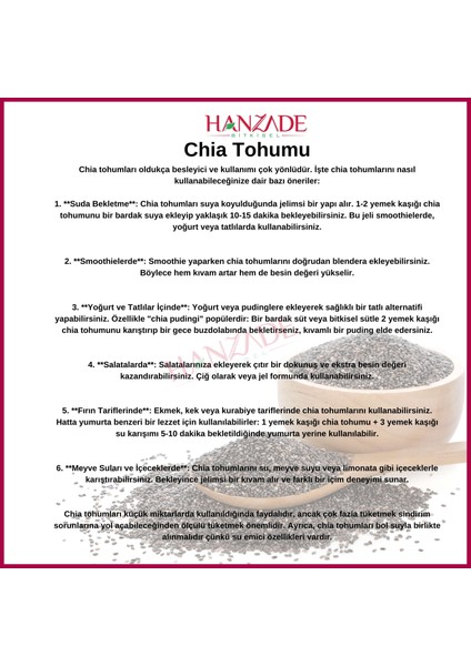 Hanzade Bitkisel Chia Tohumu Çiya Seed Yeni Mahsül Katkısız 1 kg