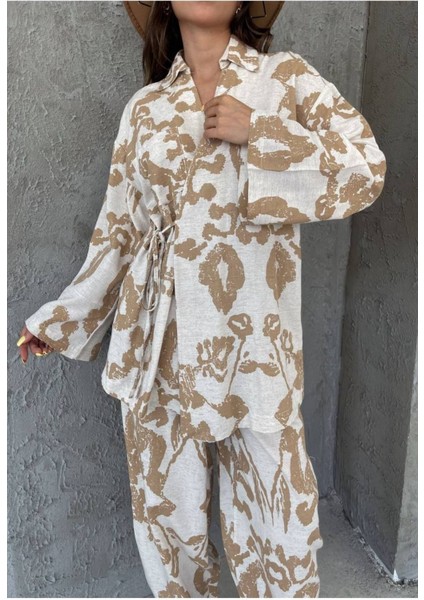 Kadın Desenli Bağlama Detaylı Keten Ikili Kimono Takım