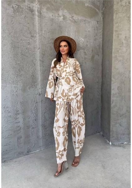 Kadın Desenli Bağlama Detaylı Keten Ikili Kimono Takım