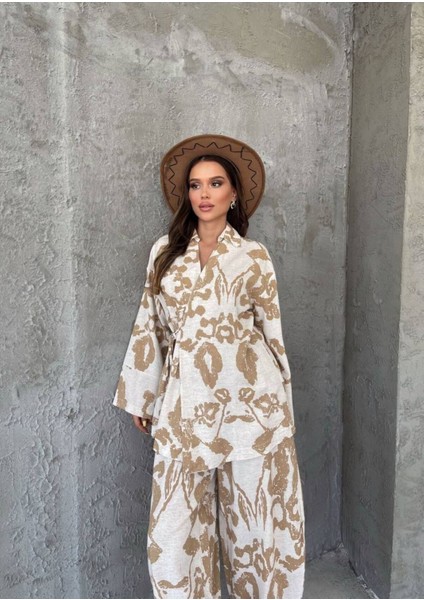 Kadın Desenli Bağlama Detaylı Keten Ikili Kimono Takım