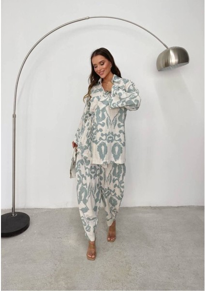 Kadın Desenli Bağlama Detaylı Keten Ikili Kimono Takım