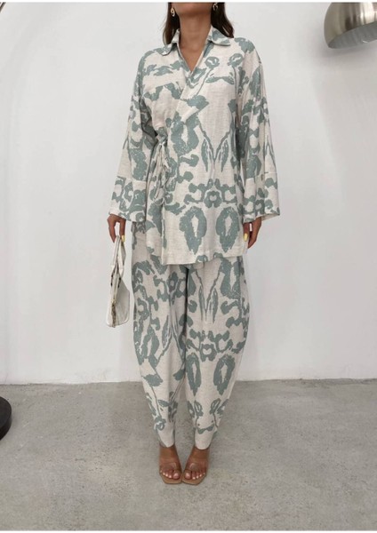 Kadın Desenli Bağlama Detaylı Keten Ikili Kimono Takım