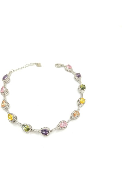 Renkli Damla Taşlı Su Yolu Gümüş Bileklik
