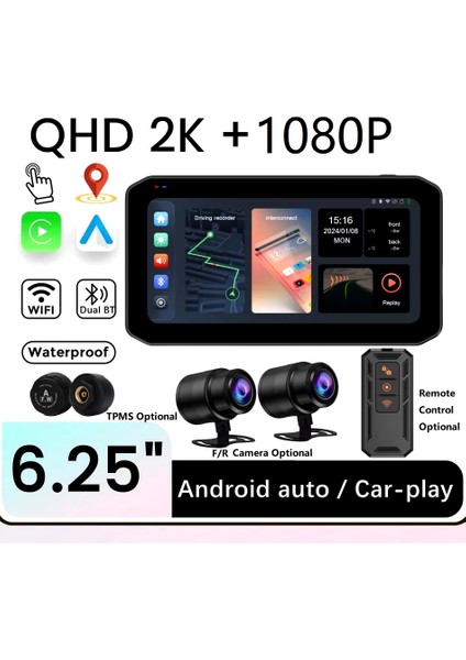 6.25 Inç 2k Motorsiklet Carplay Lastik Sensörlü Gpsli 2 Kameralı Su Geçirmez Dokunmatik Ekran