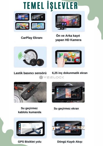 6.25 Inç 2k Motorsiklet Carplay Lastik Sensörlü Gpsli 2 Kameralı Su Geçirmez Dokunmatik Ekran