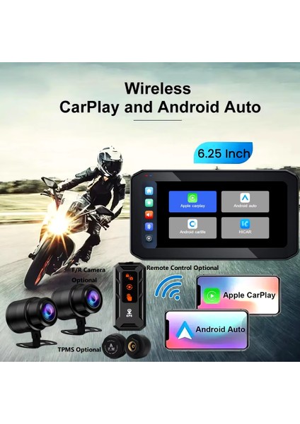 6.25 Inç 2k Motorsiklet Carplay Lastik Sensörlü Gpsli 2 Kameralı Su Geçirmez Dokunmatik Ekran