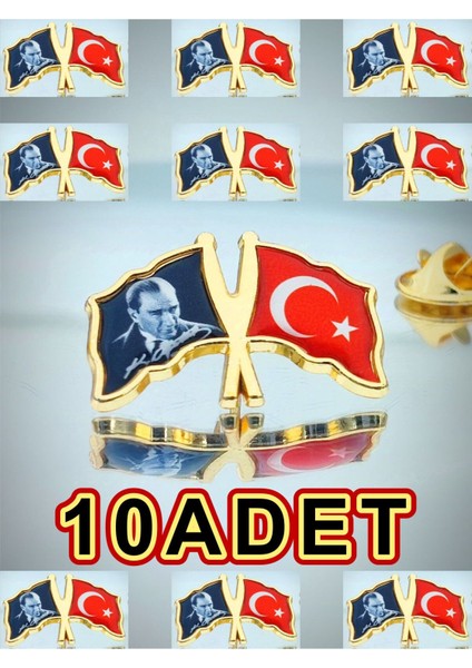 10 Adet Türk Bayrağı & Atatürk Altın Kaplama Mineli Döküm Yaka Rozeti