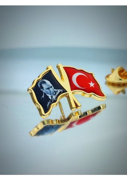 10 Adet Türk Bayrağı & Atatürk Altın Kaplama Mineli Döküm Yaka Rozeti