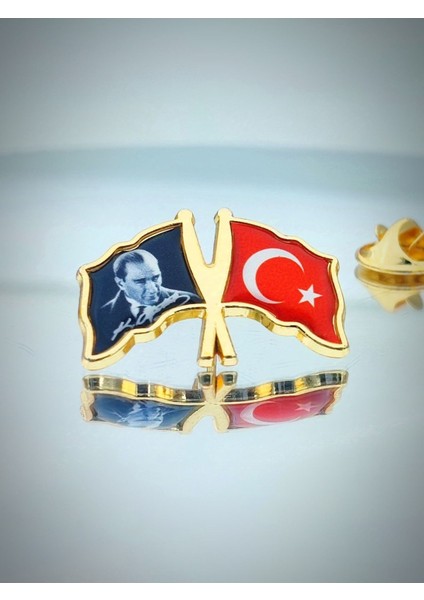 10 Adet Türk Bayrağı & Atatürk Altın Kaplama Mineli Döküm Yaka Rozeti