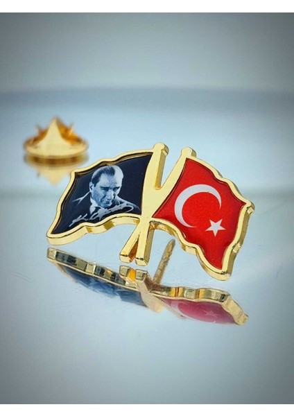 10 Adet Türk Bayrağı & Atatürk Altın Kaplama Mineli Döküm Yaka Rozeti