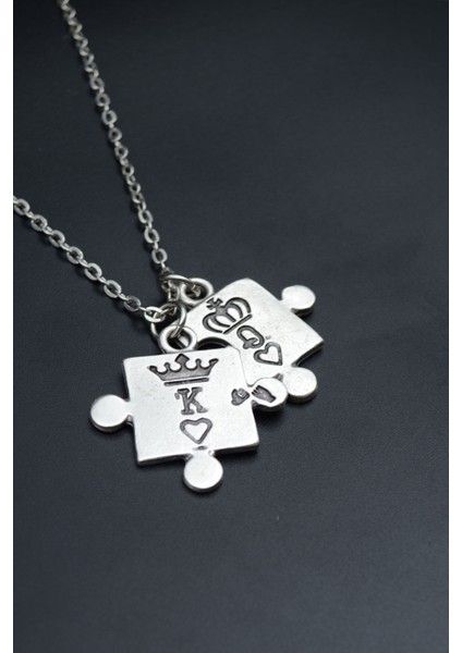 Puzzle - Quenn - King - Sevgili Düz Zincir Kolye