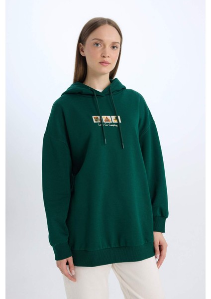 Relax Fit Baskılı Kapüşonlu İçi Yumuşak Tüylü Kalın Kumaşı Sweatshirt Tunik E0318AX24WN