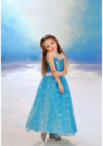Kız Çocuk Frozen Elsa Mavi Elbise Askılı