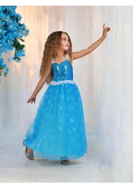 Kız Çocuk Frozen Elsa Mavi Elbise Askılı