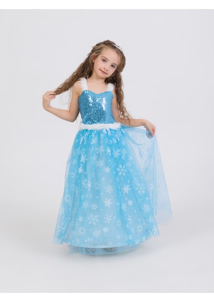 Kız Çocuk Frozen Elsa Mavi Elbise Askılı