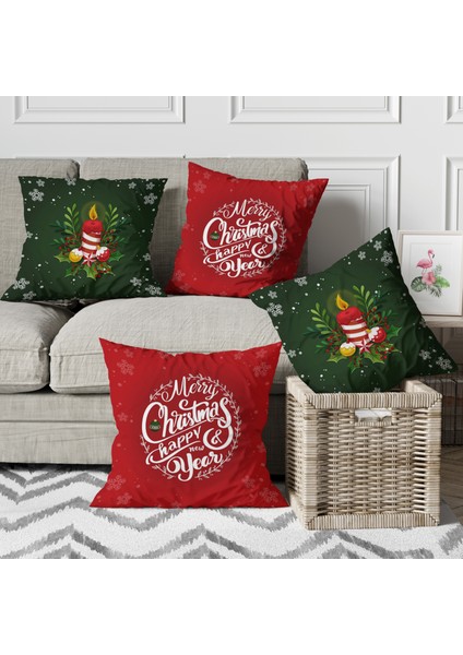 Yılbaşı Temalı Mery Christmas Yazılı Mum Desenli Dekoratif Dijital Baskılı Koltuk Kırlent Yastık Kılıfı