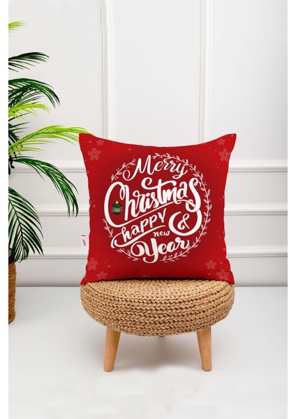 Yılbaşı Temalı Mery Christmas Yazılı Mum Desenli Dekoratif Dijital Baskılı Koltuk Kırlent Yastık Kılıfı