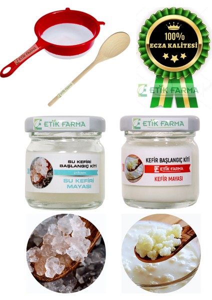 Etik-Farma Özel Üretim ORGANİK Su Kefir Mayası + Süt Kafkas Kefir Mayası Başlangıç Kiti+Süzgeç+Tahta Kaşık