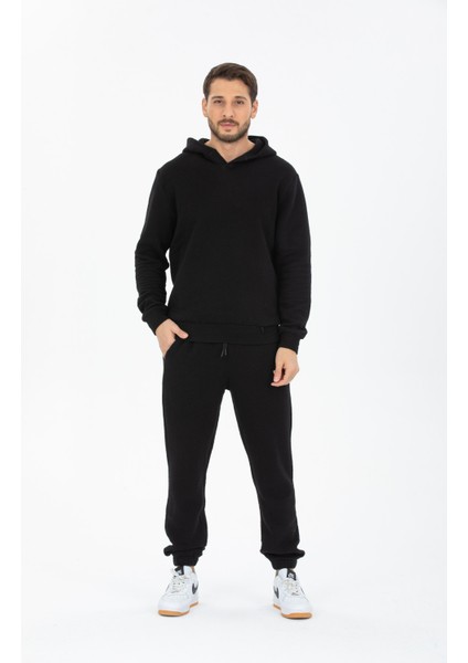 %100 Pamuk, Erkek Kapuşonlu Sweatshirt + Ip Bağlamalı Jogger Takım