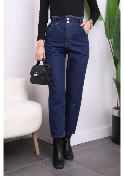Lacivert Bel Lastikli Mom Jeans Pantolon