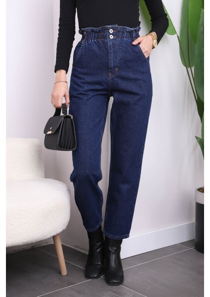 Lacivert Bel Lastikli Mom Jeans Pantolon fiyatları