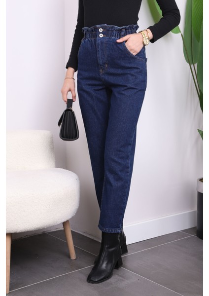 Lacivert Bel Lastikli Mom Jeans Pantolon modelleri