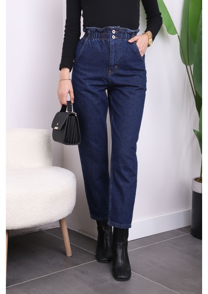 Lacivert Bel Lastikli Mom Jeans Pantolon fırsatları
