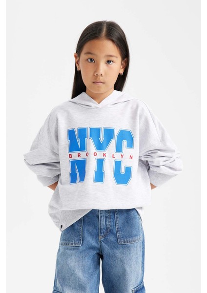Kız Çocuk Oversize Geniş Kalıp Kapüşonlu Baskılı İçi Yumuşak Tüylü Sweatshirt D1566A824WN