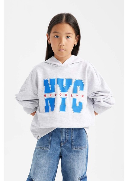 Kız Çocuk Oversize Geniş Kalıp Kapüşonlu Baskılı İçi Yumuşak Tüylü Sweatshirt D1566A824WN modelleri