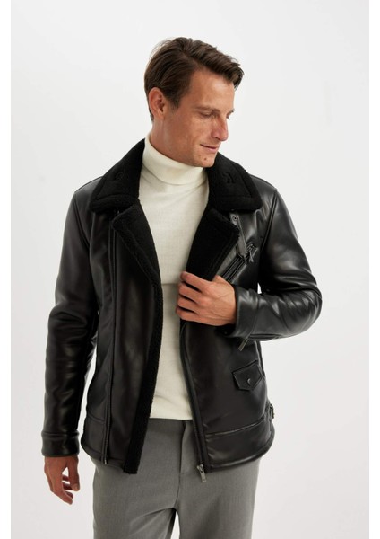 Su Geçirmez Slim Fit Dar Kesim Astarlı Fermuarlı Cepli Kürk Yakalı Suni Deri Ceket Mont A4392AX24WN modelleri