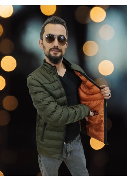 Erkek Yan Lastik Detaylı Cepli Jel Dolgulu Haki Spor Sişme Mont fiyatları