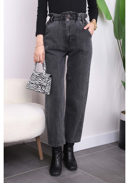 Füme Bel Lastikli Mom Jeans Pantolon