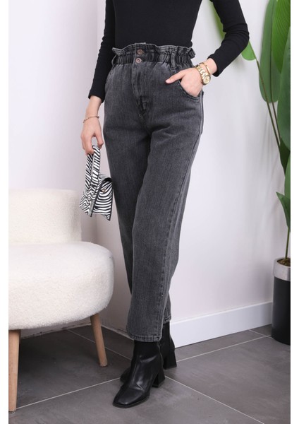 Füme Bel Lastikli Mom Jeans Pantolon