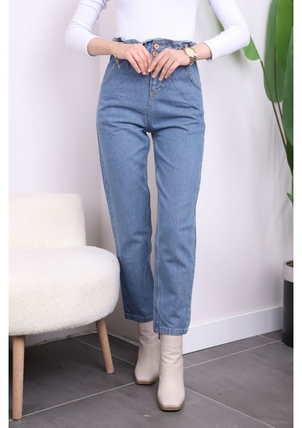 Mavi Bel Lastikli Mom Jeans Pantolon