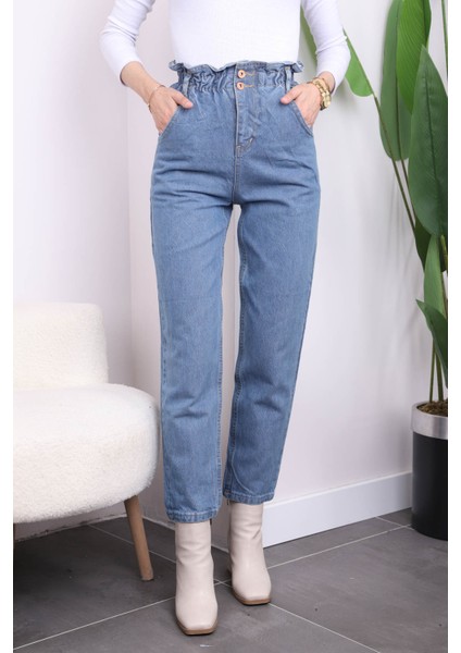 Mavi Bel Lastikli Mom Jeans Pantolon fiyatları
