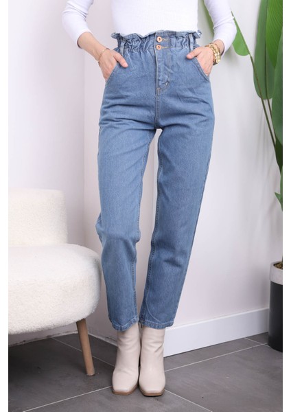 Mavi Bel Lastikli Mom Jeans Pantolon modelleri